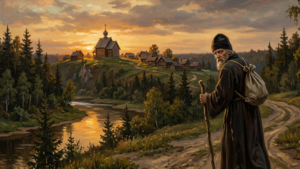 Странник уходит от деревни на горе — предание о Трифоне Вятском