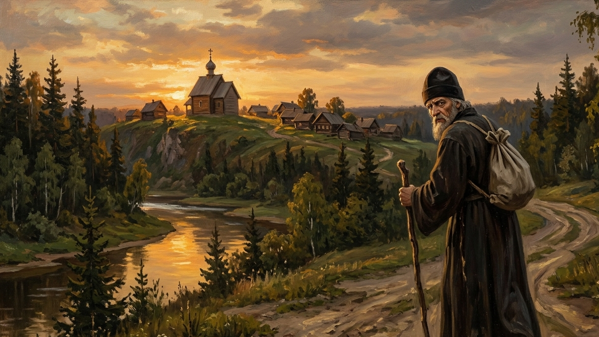Странник уходит от деревни на горе — предание о Трифоне Вятском